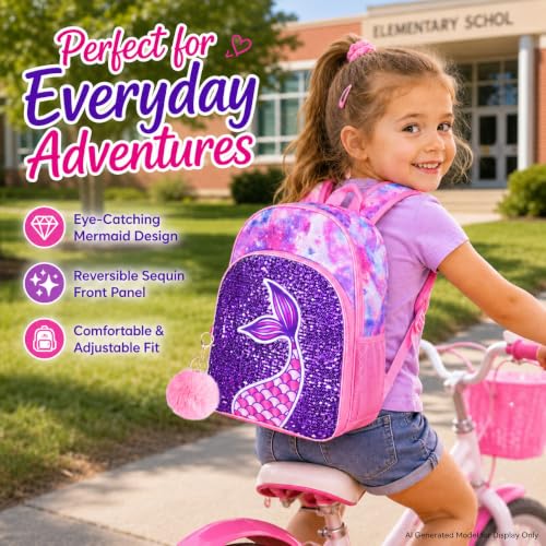 gxtvo 3PCS Girls Backpack, 16" Sequin Prechool Elementary Bookbag and Lunch Box - color: Fish Tail Pink