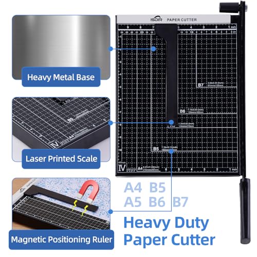 ISDIR 12” Heavy Duty Metal Paper Cutter - 15 Sheet High Capacity Guillotine Trimmer with Blade Safety Lock & Magnetic Guide, Professional Craft Cutter for Cardstock, Photos, DIY & Office - color: 12"black