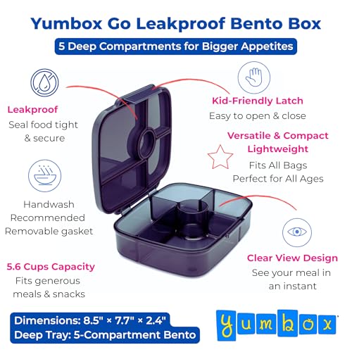 Yumbox Go Leakproof Bento Lunch Box, 5 Compartments, Charcoal Gray | Deep Portioned Tray | Removable Silicone Gasket | Lightweight Construction | Fits Most Lunch Bags | Easy-Clean Design - color: Charcoal Gray