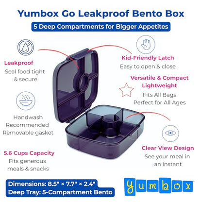 Yumbox Go Leakproof Bento Lunch Box, 5 Compartments, Charcoal Gray | Deep Portioned Tray | Removable Silicone Gasket | Lightweight Construction | Fits Most Lunch Bags | Easy-Clean Design - color: Charcoal Gray