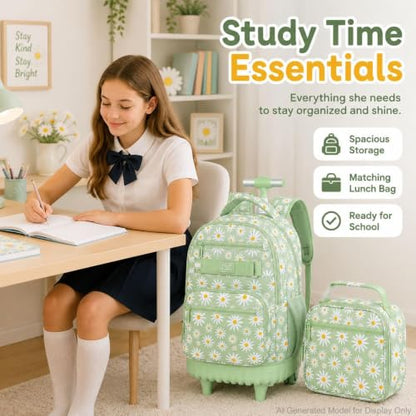 gxtvo Wheeled Backpack for Girls, Women Rolling Bookbag with Lunch Box for Adults, Water Resistant Roller School Bag for College Teens Kids Travel - Flower Cyan - color: Rolling Backpack Chrysanthemum Green