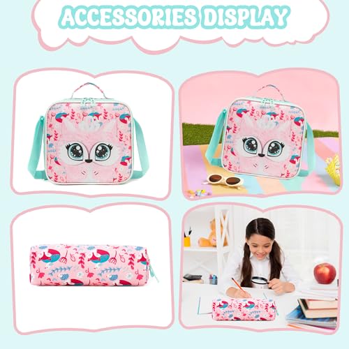 Meetbelify Rolling Backpack for Girls 3D Carton Backpack with Wheels for Elementary Student Kids Plush School Bag with Lunch Box Pencil Case for Girls Ages 6-8 Years Old Pink - color: Pink Fox