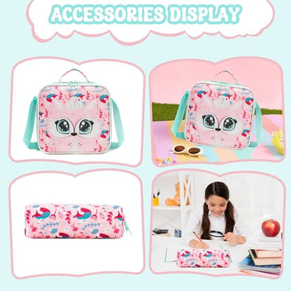 Meetbelify Rolling Backpack for Girls 3D Carton Backpack with Wheels for Elementary Student Kids Plush School Bag with Lunch Box Pencil Case for Girls Ages 6-8 Years Old Pink - color: Pink Fox
