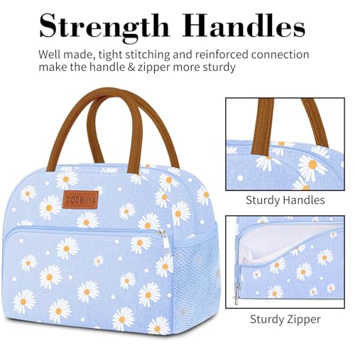 Coobiiya Insulated Lunch bag Women，Reusable Cute Lunch Box for Women | Large Capacity Lunch Tote Cooler Thermal Leakproof for Work Travel Picnic - color: Blue Daisy