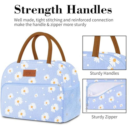 Coobiiya Insulated Lunch bag Women，Reusable Cute Lunch Box for Women | Large Capacity Lunch Tote Cooler Thermal Leakproof for Work Travel Picnic - color: Blue Daisy