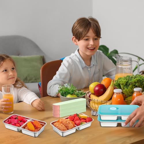 Vesici 12 Pack Stainless Steel Bento Boxes with Tableware Set 15 oz 2 Compartments Snack Box Containers with Leakproof Lids, Divided Meal Prep Lunch Box Food Container Dishwasher Safe - style: 2 Compartments