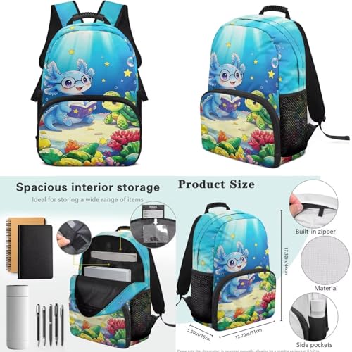 Blue Axolotl 4PCS Backpack Set for Elementary School Kids 6-11 - 17 inch Turtle Print Backpack withwith Insulated Lunch Box, Pencil Case & Water Bottle Holder for Back to School - color: Blue Axolotl
