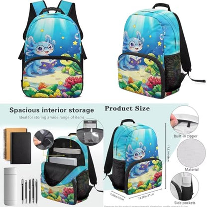 Blue Axolotl 4PCS Backpack Set for Elementary School Kids 6-11 - 17 inch Turtle Print Backpack withwith Insulated Lunch Box, Pencil Case & Water Bottle Holder for Back to School - color: Blue Axolotl