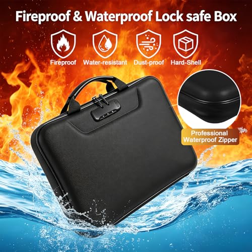 Portable Fireproof Document Box, 13-Pocket Accordion File Organizer, Lock-Safe Hard Case with Handle, Waterproof Folder for Important Documents, Cash, Home & Office