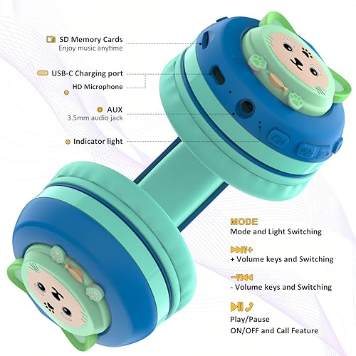 Riwbox CB-7S Kids Wireless Headphones,with Safe Volume Control 74/85/95dB,LED Glow Lights,50H Playtime,Bluetooth V5.3,Built-in Mic, TF Card Slot,for Travel/School/Phone/Laptop(Blue&Green) - color: Blue&Green