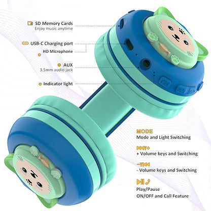 Riwbox CB-7S Kids Wireless Headphones,with Safe Volume Control 74/85/95dB,LED Glow Lights,50H Playtime,Bluetooth V5.3,Built-in Mic, TF Card Slot,for Travel/School/Phone/Laptop(Blue&Green) - color: Blue&Green
