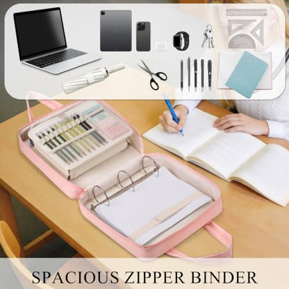 Upgraded Zipper Binder | 3-Inch & 2-Inch O-Rings, 600 Sheet Capacity Trapper Keeper with 13 Inch Laptop Sleeve & Water Bottle Holder, Binder Bag with Multi-Pockets & Shoulder Strap (Pink) - color: Pink