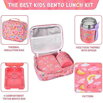 Pawtong Bento Lunch Box Set With 10oz Soup Thermo, Leak-proof Lunch Containers with 4 Compartment, Kids Hot Thermo Food Jar/Insulation Lunch Bag, Food Containers for School（Rainbow） - color: Pink-Rainbow