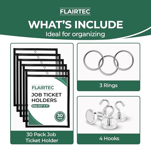 Job Ticket Holders 10x14 - (30 Pack) 8.5x11 Letter Size | Reusable Dry Erase Pockets Black with Metal Rings & Hooks | Durable Clear Shop Sleeves for Work Order | Perfect for Classrooms - style: Black (30 Pack)