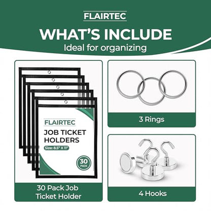 Job Ticket Holders 10x14 - (30 Pack) 8.5x11 Letter Size | Reusable Dry Erase Pockets Black with Metal Rings & Hooks | Durable Clear Shop Sleeves for Work Order | Perfect for Classrooms - style: Black (30 Pack)
