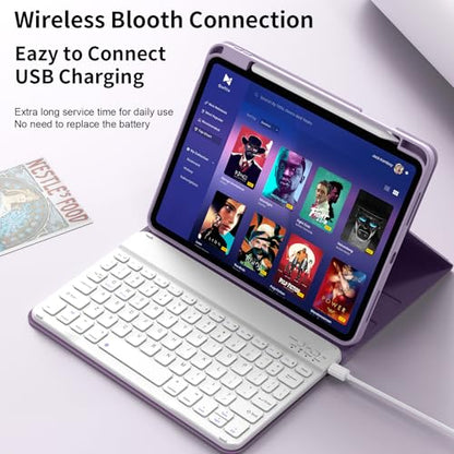 kenke for iPad 11/10th Gen Case with Keyboard 11/10.9 inch 2025 A16/2022, Detachable Wireless Bluetooth Keyboard Case with Bulit-in Pencil Holder, White Square Keycaps (Purple) - color: Taro