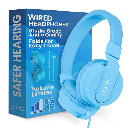 Puro Sound Labs Kids Wired Headphones – Volume-Limiting & Adjustable, Safer & Comfortable Headphones for Kids – Compatible with PCs, Smartphones & Tablets, Ideal for School & Travel – PuroBasic, Blue - color: Blue