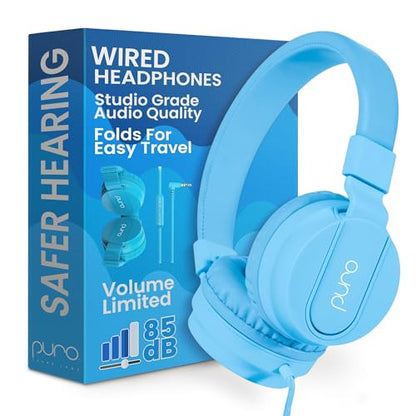 Puro Sound Labs Kids Wired Headphones – Volume-Limiting & Adjustable, Safer & Comfortable Headphones for Kids – Compatible with PCs, Smartphones & Tablets, Ideal for School & Travel – PuroBasic, Blue - color: Blue
