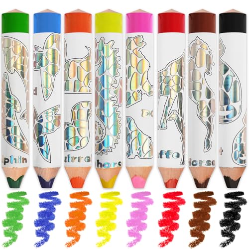 ThEast Jumbo Toddlers Colored Pencils, Thick Chunky Crayons for Children | 8 Colors Cute Glitter Animal Toddlers Coloring Pencil age 3-5 with Sharpener, Pre-Sharpened - style: Glitter-8