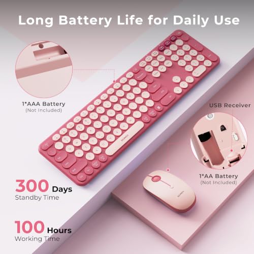 seenda Wireless Bluetooth Keyboard Mouse Combo, COE202 Retro Cute Round Keyboard, Silent Mouse, 3 Multi-Device Connection, Full Size Compatible for PC/Laptop/Mac/MacBook/iPad/Tablet, Pink - color: Pink