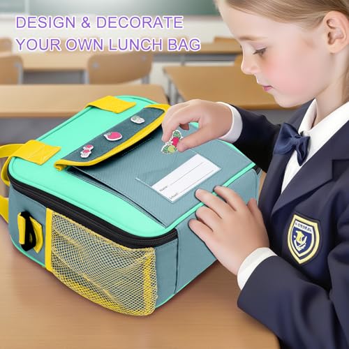 Lunch Box for Kids, Large Double-Insulated Lunch Bag for Boys, Cooler Bag Back to School Thermal Reusable, Cute Preppy Students Lunch Tote Pail with Water Bottle Holder, Blue & Green