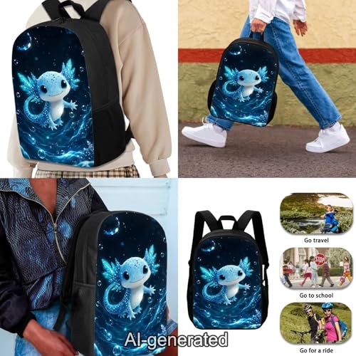 Blue Axolotl School Backpack Set 3Pcs Lightweight Casual Daypacks with Lunch Bag Pen Bag Set Portable Lunch Box Elementary Middle School Kids Backpack - color: Blue Axolotl-a