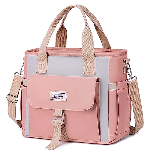 Weitars Insulated Lunch Bag for Women,Leak Proof Lunch Box for Work,Extra Large Lunch Tote Bag With Removable Shoulder Strap with Side Pockets,Reusable Lunch Bag For Picnic Hiking - color: Gray/Pink
