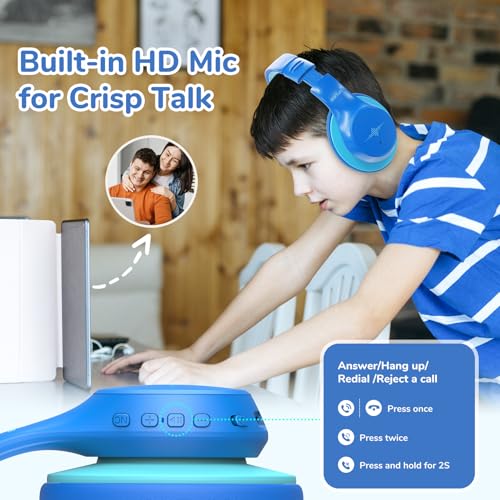 EarFun K4NC Active Noise Cancelling Headphones for Kids,120H Playtime Blue | 74/85/94dBA Volume Limited, Kids Bluetooth Headphones with Mic, Bluetooth 5.4 Stereo Sound Kid Headset for School/Home/Travel - color: Light Blue