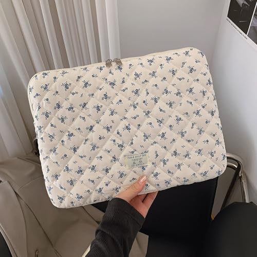14 inch Maple Leaf Soft Pad Tablet Bag Embroidery Puffy Protective Case Shockproof Cute Quilted Laptop Sleeve Commute Work Study Bag - color: Blue Leaf