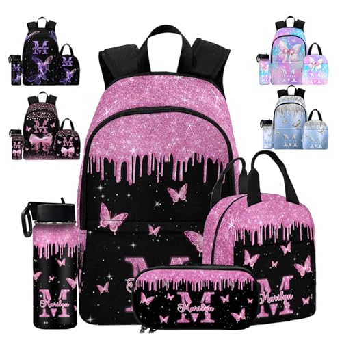 Custom School Backpack for Girls, Personalized Purple Glitter with Butterfly Casual Backpack Schoolbag Customized Girls Lunch Box Bag or Bookbag for Unisex Students Back School Multipurpose Travel Bag - color: Multi 14