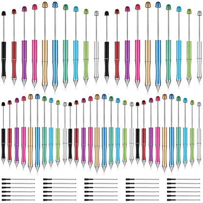 Chivao 50 Pieces Metal Beadable Pens Bulk Beaded Pens Black Ink Ballpoint with Refills Assorted Beadable Items for Focal Beads DIY Making Gifts Student Teacher Kids Women Business Office School