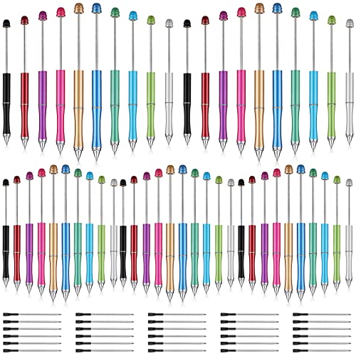 Chivao 50 Pieces Metal Beadable Pens Bulk Beaded Pens Black Ink Ballpoint with Refills Assorted Beadable Items for Focal Beads DIY Making Gifts Student Teacher Kids Women Business Office School