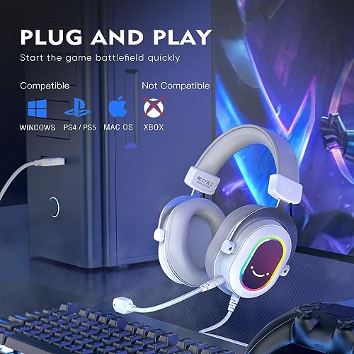 FIFINE USB Gaming Headset, PC Headphones Wired with Microphone for Computer/Laptop, Over-Ear RGB Headset with 7.1 Surround Sound, Noise Cancellation for Streaming Video Game- AmpliGame H6 (White) - color: White