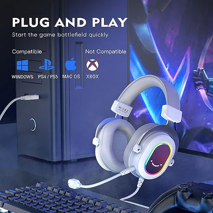 FIFINE USB Gaming Headset, PC Headphones Wired with Microphone for Computer/Laptop, Over-Ear RGB Headset with 7.1 Surround Sound, Noise Cancellation for Streaming Video Game- AmpliGame H6 (White) - color: White