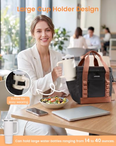 LOVEVOOK Insulated Lunch Bag for Women men, Large Leakproof Adult Lunch Box | 180° Wide Opening, Fits 40oz Cup, Heat-Sealed Leakproof, 4-Layer Thermal Insulation, Multi-Functional DIY Webbing - color: Brown, size: X Large-20L