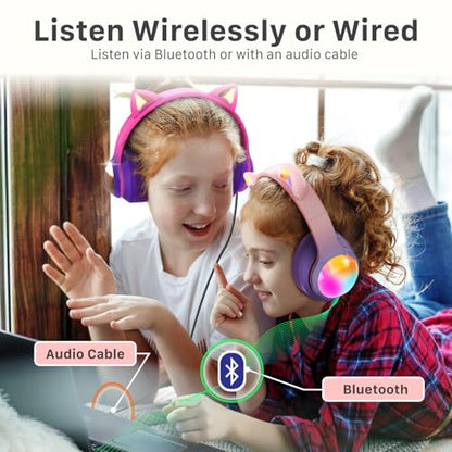 FosPower Kids Bluetooth 5.2 Headphones with LED Cat Ears (85/94dB Safe Volume Limit) Foldable Wireless or Wired Headset with 100hr Play Time and 3.5mm Cable for School/Travel - Hot Pink/Purple - color: 04 - Hot Pink/Purple (Bluetooth)