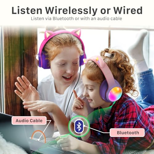 FosPower Kids Bluetooth 5.2 Headphones with LED Cat Ears (85/94dB Safe Volume Limit) Foldable Wireless or Wired Headset with 100hr Play Time and 3.5mm Cable for School/Travel - Light Pink/Light Purple - color: 05 - Light Pink/Light Purple (Bluetooth)
