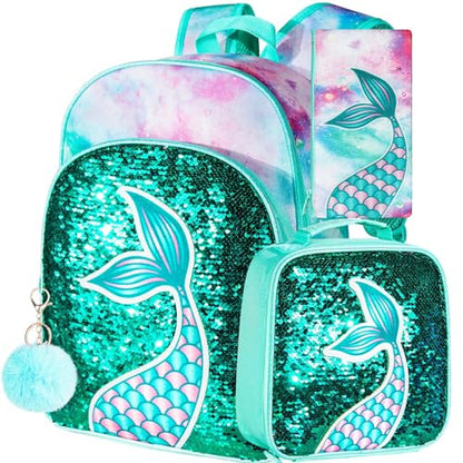 gxtvo 3PCS Girls Backpack, 16" Sequin Prechool Elementary Bookbag and Lunch Box - color: Fish Tail Green