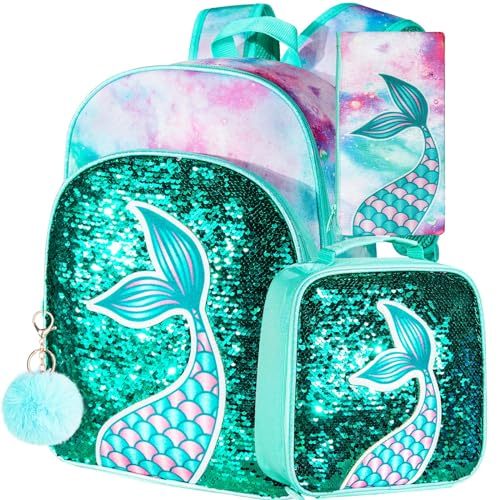 gxtvo 3PCS Girls Backpack, 16" Sequin Prechool Elementary Bookbag and Lunch Box - color: Fish Tail Green
