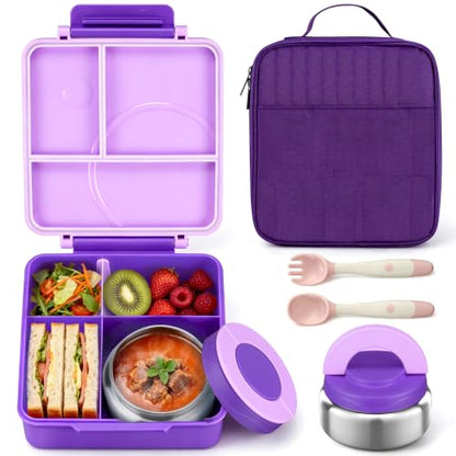 Itslife Bento Lunch Box for Kids with 8oz Soup Thermo&Lunch Bag, Leak-Proof Lunch Food Containers with 4 Compartment, Hot Food Insulated Food Jar for Kids School (Purple) - color: Purple