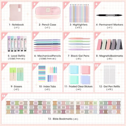 Bible Study Supplies Journaling Kit with Pen Case,12 Pastel Highlighters,5 Black Ink Gel Pens, 6 Mechanical Pencils 0.5 & 0.7mm,Sticky Note Index Tab and So on for bible study - color: Pink