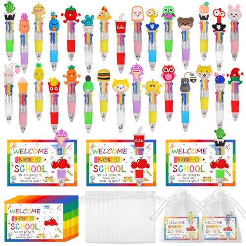 CZWZ 30 Set Cute Multicolor Pens in One 4-in-1 Fun Pens Bulk with 30 Gift Cards for Kindergarten Party Welcome Back To School Student Gift Bulk Office School Exchange Gifts - style: 30Set-Back To School