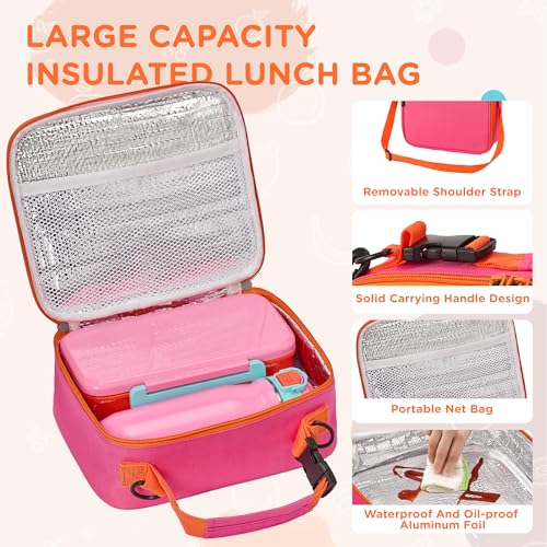 MAISON HUIS Bento Box for Kids with 8oz Soup Thermo, Insulated Lunch Bag & 17oz Water Bottle, 2-Compartment Bento Box with Built-In Ice Pack, Leak-Proof & BPA-Free (Pink) - color: Pink