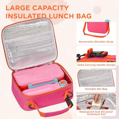 MAISON HUIS Bento Box for Kids with 8oz Soup Thermo, Insulated Lunch Bag & 17oz Water Bottle, 2-Compartment Bento Box with Built-In Ice Pack, Leak-Proof & BPA-Free (Pink) - color: Pink