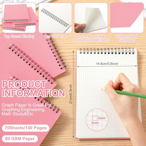 Engrowtic 2 Pack Graph Paper Spiral Notepad A5 Top Wirebound Notepad Grid Notebook Steno Pad Memo Notebook Grid Paper 140 Pages for Writing Sketching Drawing Office Supply (Pink) - color: Pink
