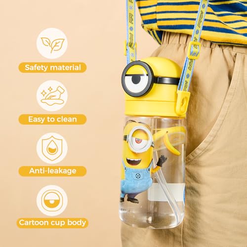 MINISO Minions Insulated Water Bottle with Straw 20 oz Travel Tumbler with Lid Holder Compatible Cup BPA-Free Bottle with Strap for Boys Girls and Kids School Office Home