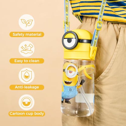 MINISO Minions Insulated Water Bottle with Straw 20 oz Travel Tumbler with Lid Holder Compatible Cup BPA-Free Bottle with Strap for Boys Girls and Kids School Office Home