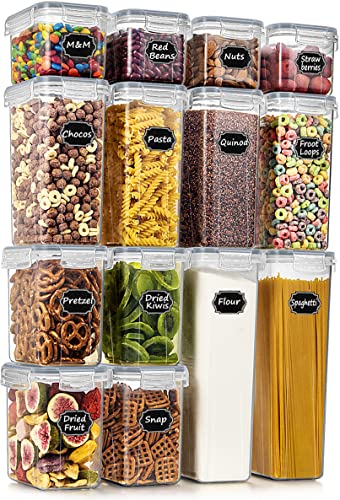 Wildone Airtight Food Storage Containers with Lids, 14PC Plastic Kitchen Containers Storage Set for Pantry Organization and Storage, Cereal, Flour and Sugar Containers, Include 20 Labels & Pen | For Spaghetti, Pasta, Dry Food, Flour, Sugar, Plastic Canist