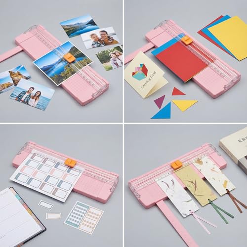 Paper Cutter, Pink Sliding Blade Trimmer with Clear Ruler and Grid Base for Cardstock, Photos, and Craft Projects, Compact Desktop Tool, 1 Pack