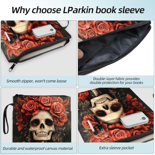 Padded Book Sleeve with Zipper & Front Pocket, Fabric Book Cover | Gothic Red Rose Skull Bone11.4"x8.7" Washable Canvas Pouch for Hardcovers, Tablets & Reading Accessories - color: Gothic Red Rose Skull Bone